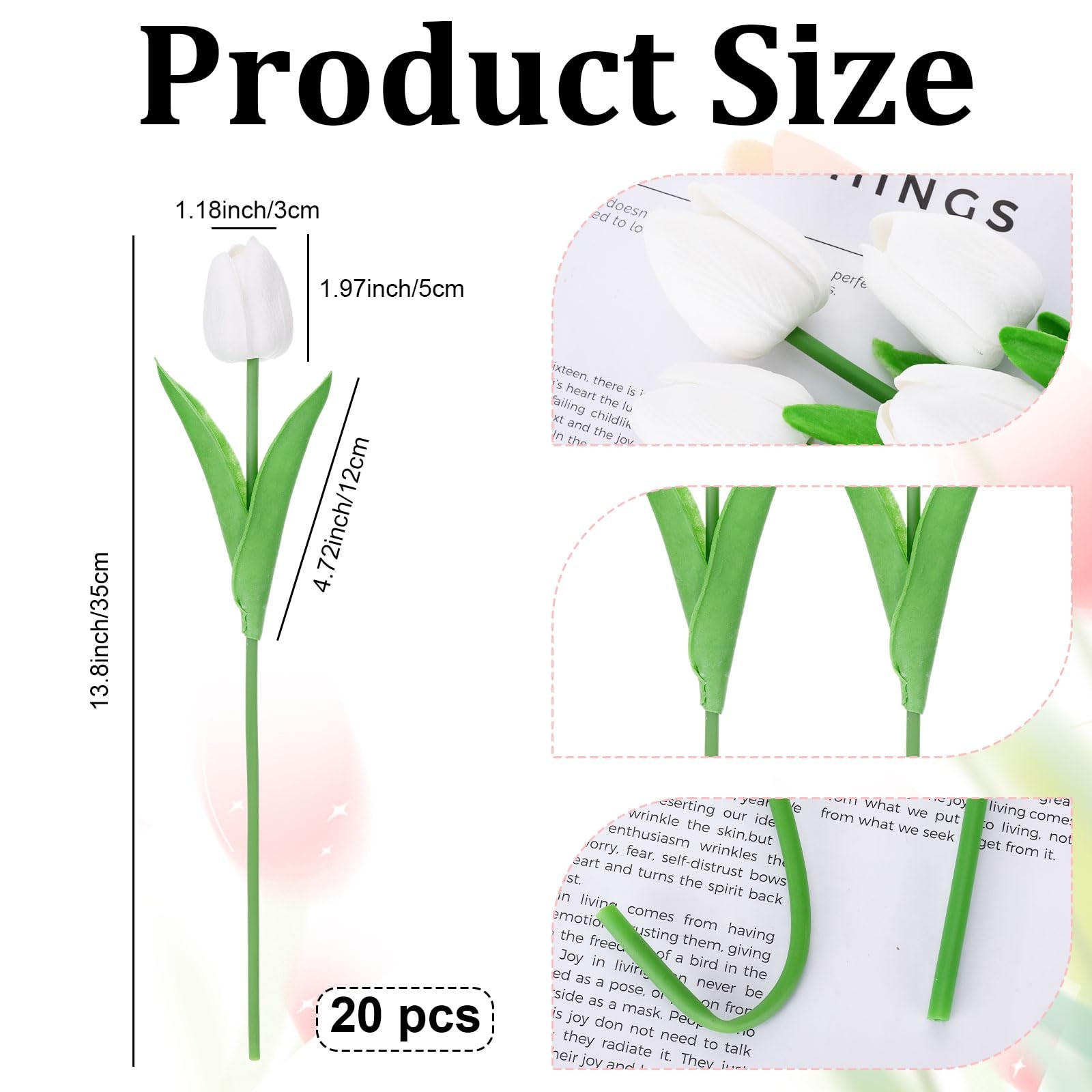 20 PCS White Tulip Artificial Flower 13.8 Inch PU Fake Bouquet Wedding Decor