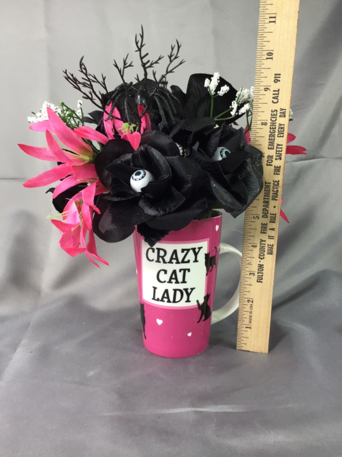 Crazy Cat Lady Pink Tall Coffee Mug Black Roses Eyeballs Flower Arrangement