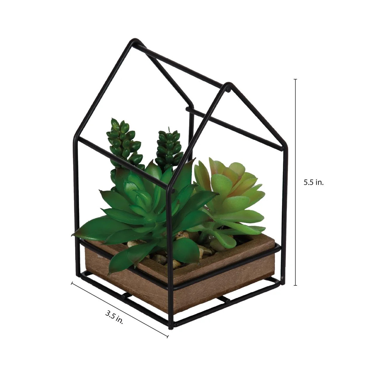 5.5″ Artificial Mixed Succulents in Black Metal House Terrarium