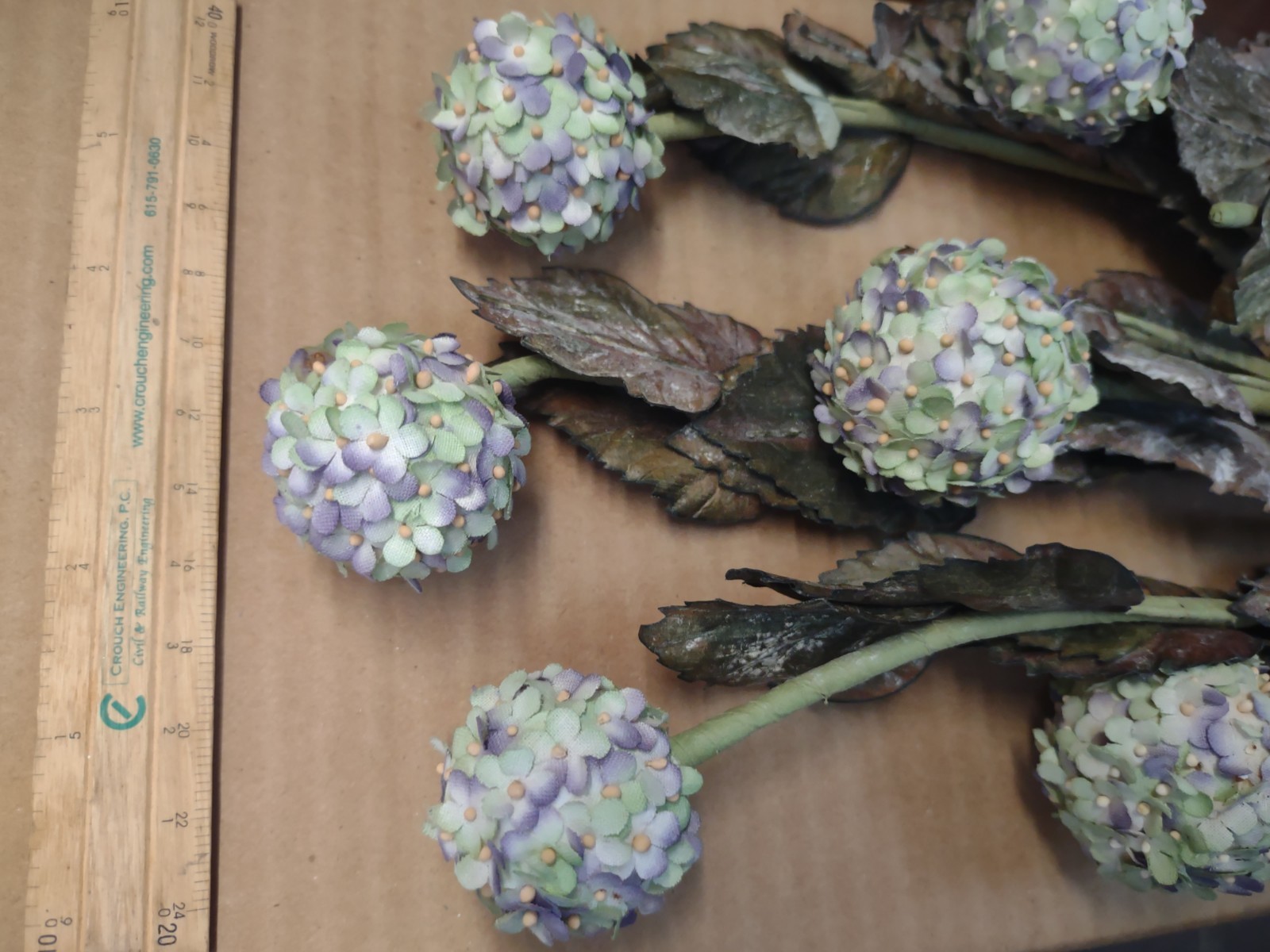3 Stems Globe Flowers, Dry-Look Lavender/Green w/Dusty Leaves, Wired, 24″ Length
