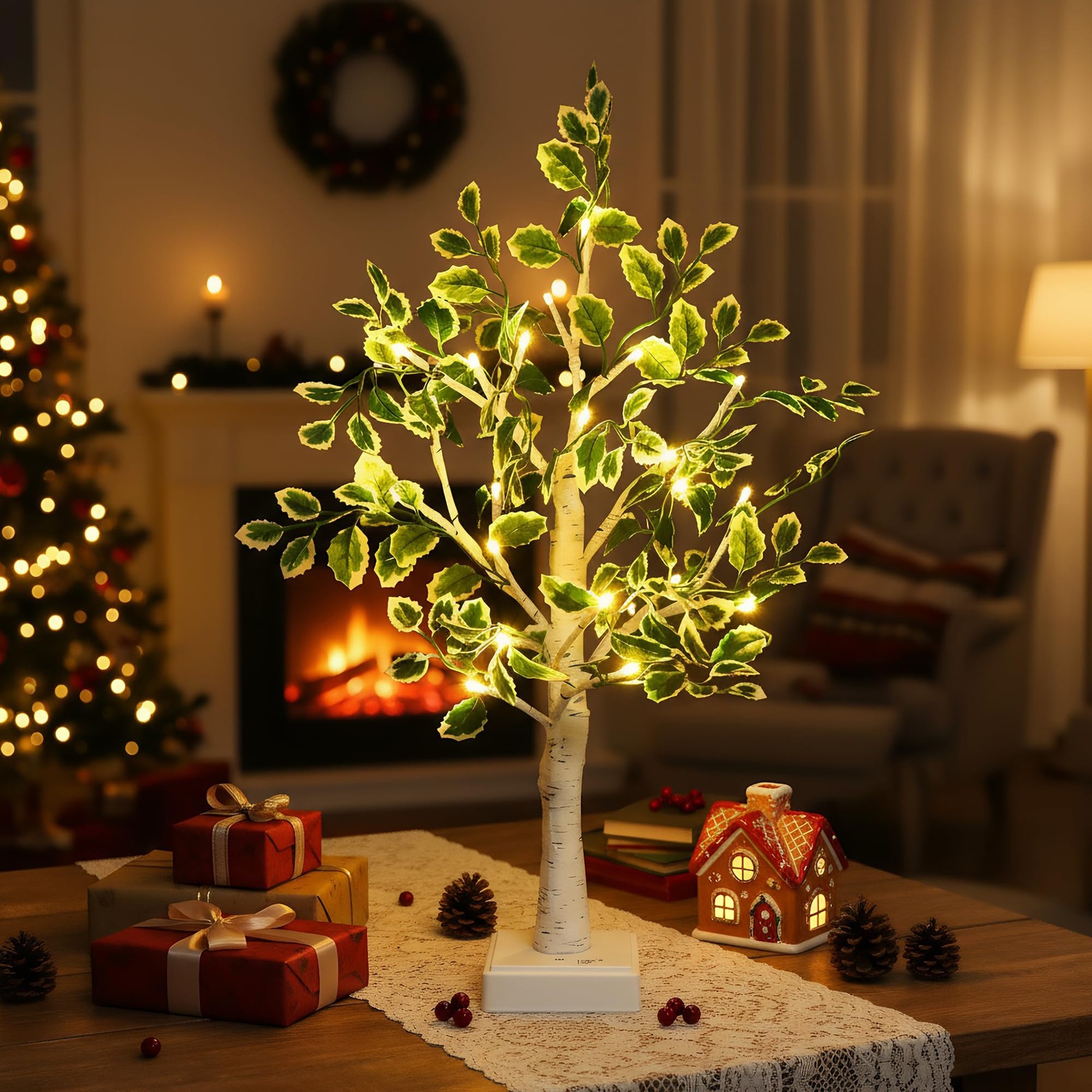 24 LED Artificial Tree Lamp, Lighted Trees for Indoor Decor 1ft 11in, White