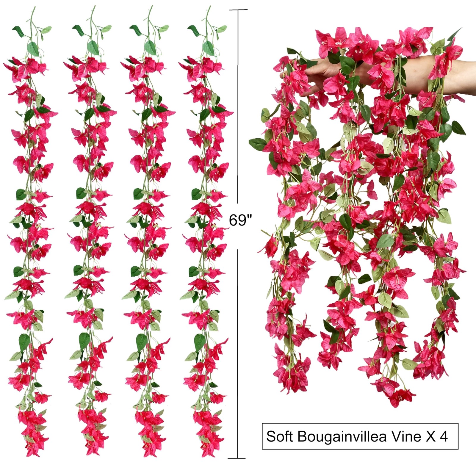Artificial Bougainvillea Flowers Vines Silk Fuchsia Plants 69″ Long Trailing …