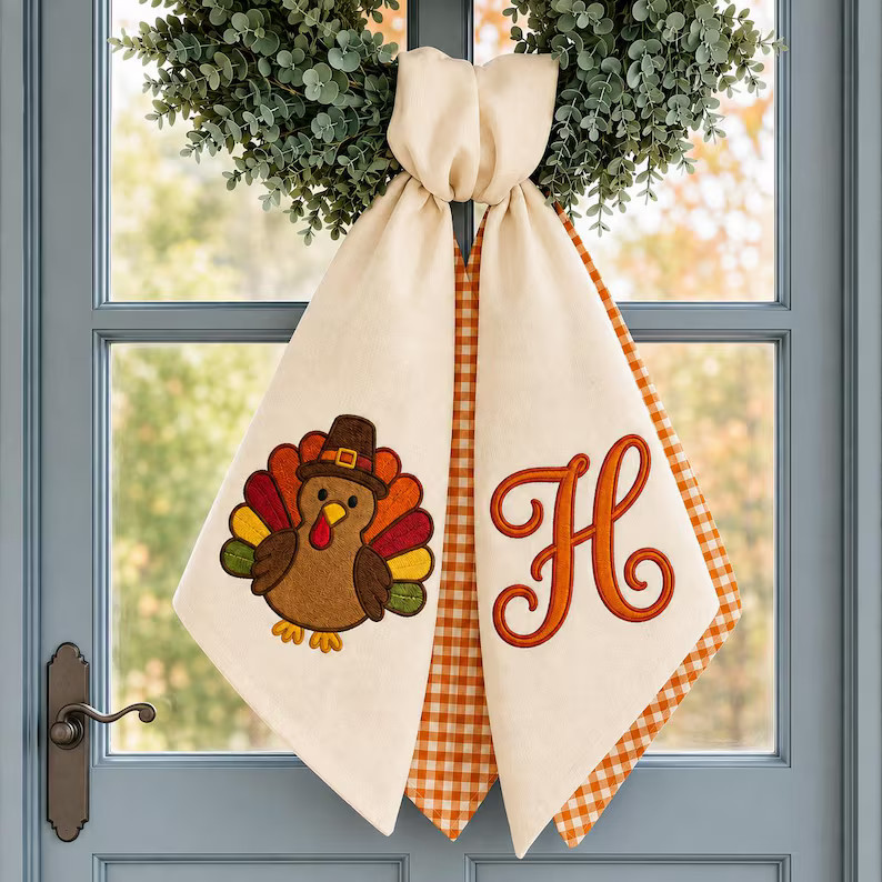 Custom Embroidered Monogrammed Thanksgiving Turkey Wreath Sash Autumn Decor