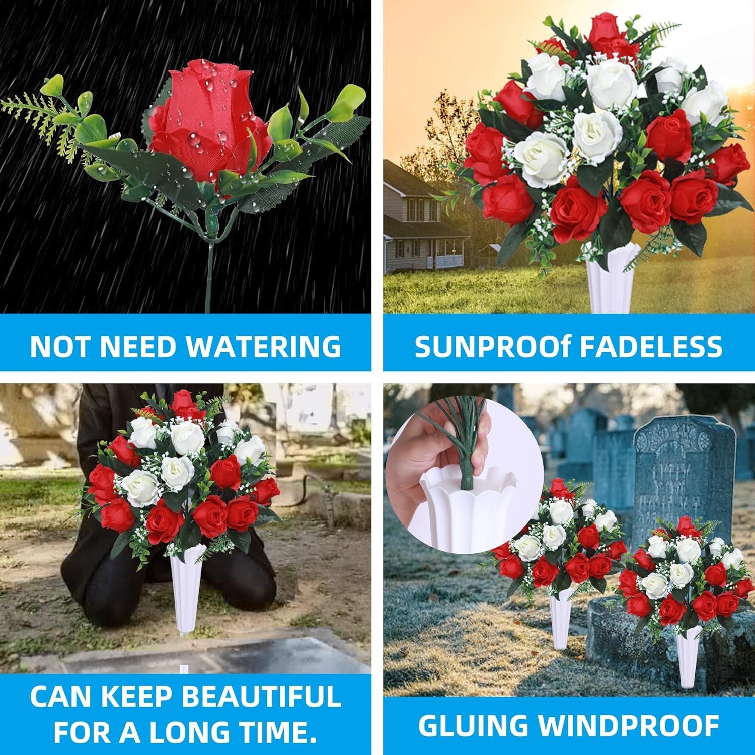 Set of 2 Artificial Cemetery Flowers with Vase,Grave Memorial Flowers,Artificial