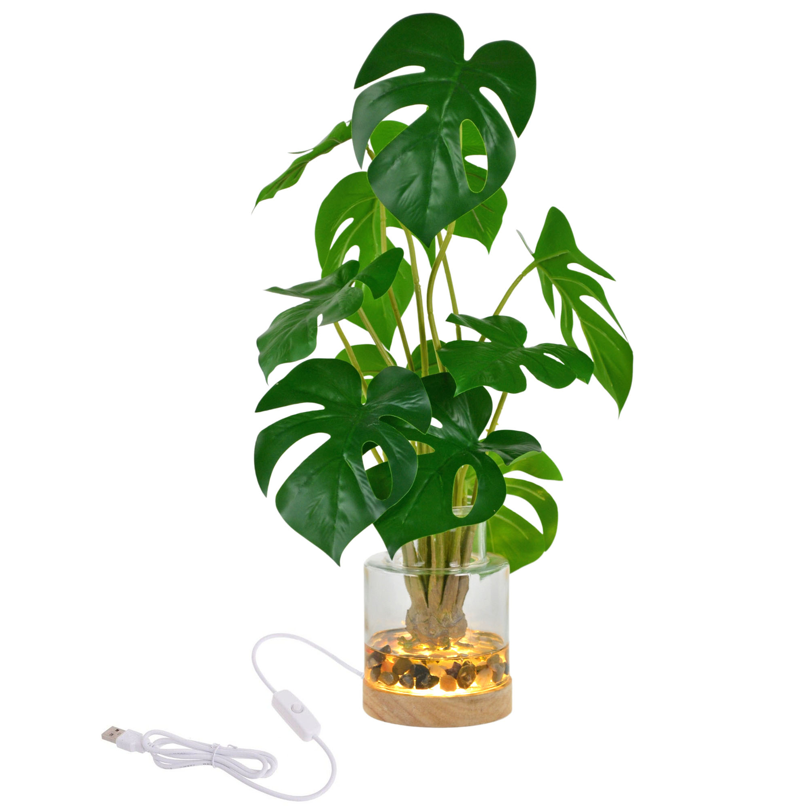 Real Touch 17.5 inch Artificial Plant Monstera Leaves in Glass Vase and LED Base