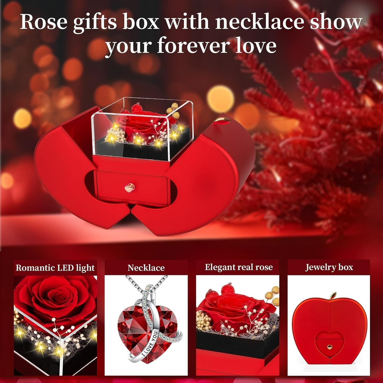 Preserved Real Red Rose with l Love You Necklace Forever Flowers Rose Valenti…