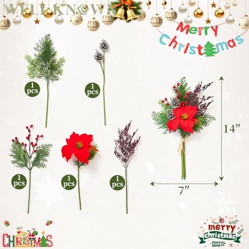 11 Pcs Artificial Flowers Bouquet with Pine Branches, 14″ Red Poinsettias