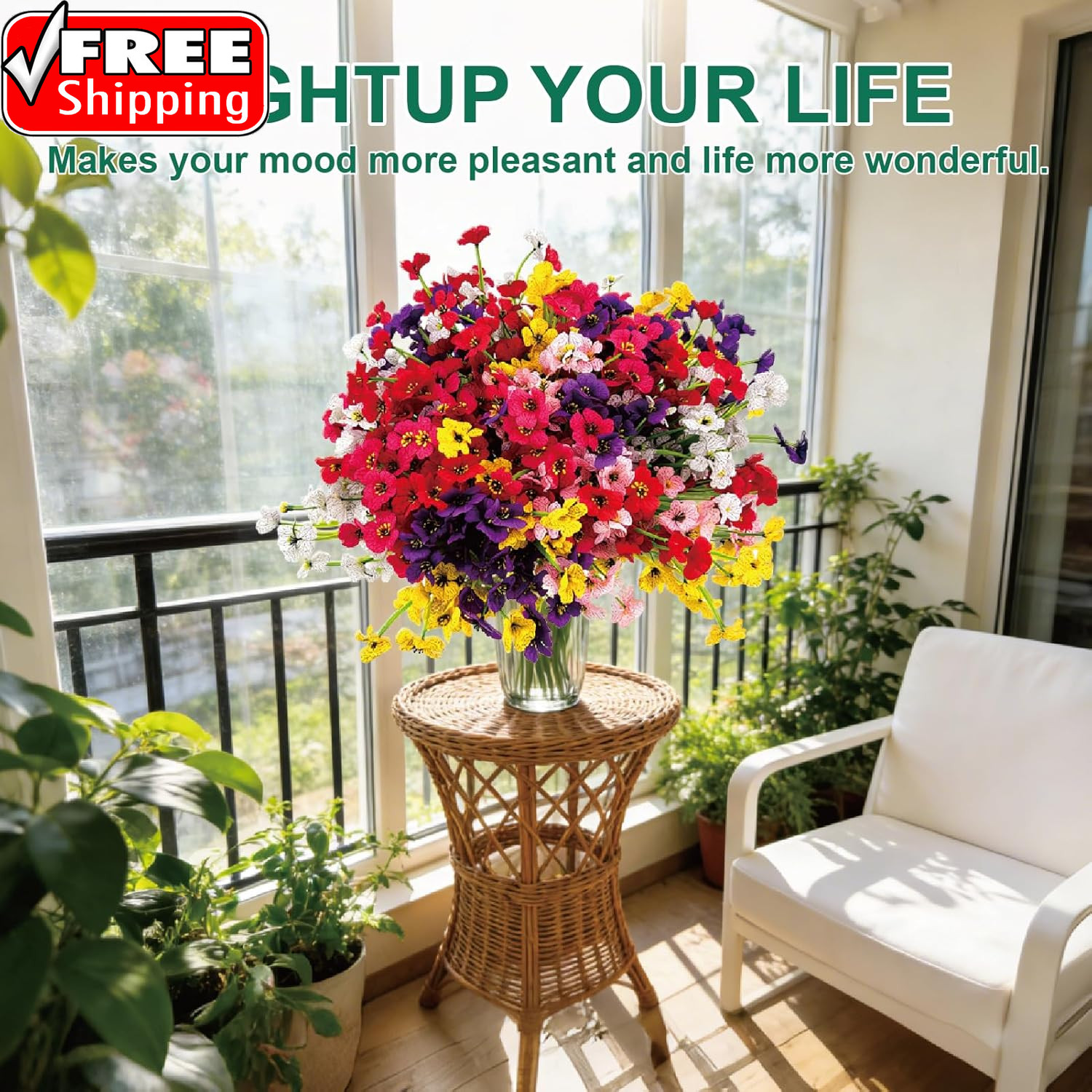 24 Pcs (6 Color) UV Resistant Outdoor Artificial Faux Flowers Plants Realistic P