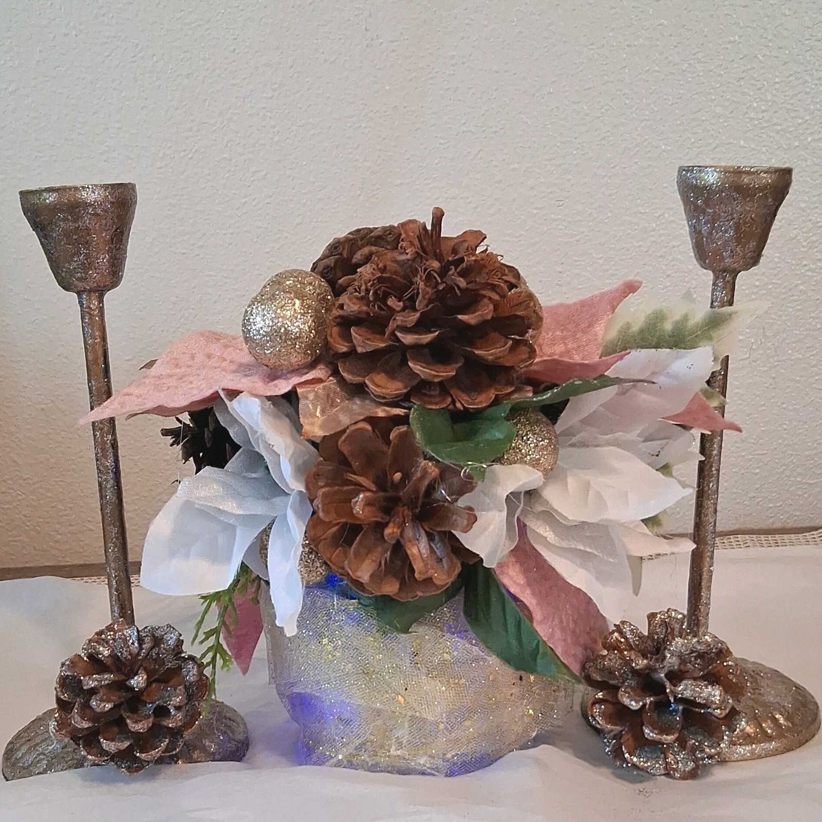 Artificial Pinecone Arrangement Centerpiece, Brown White Gold Green Pink