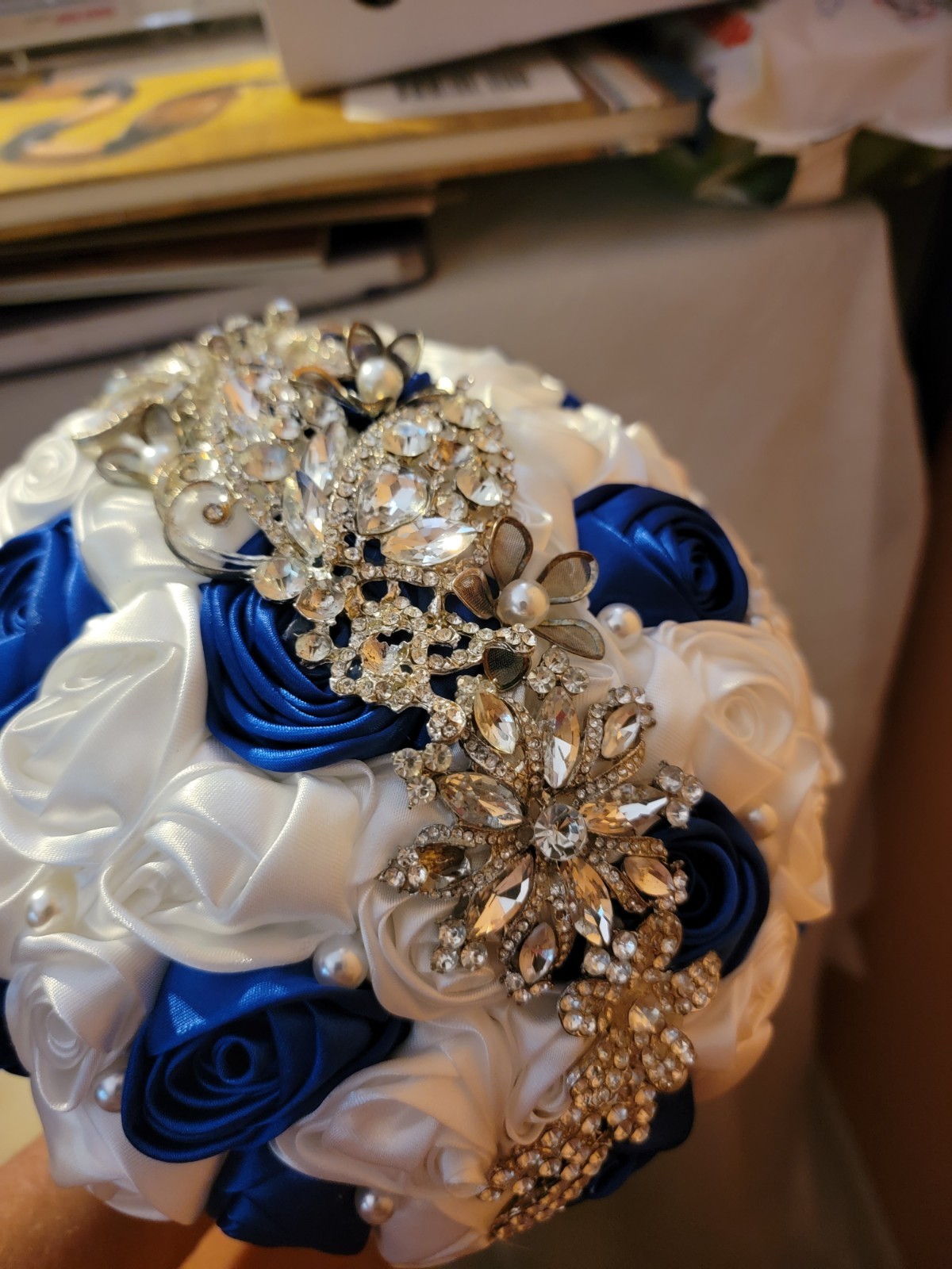 SET Bridal Wedding Bouquet Rhinestone Throw Toss Crystal Satin PLUS Flower Girl
