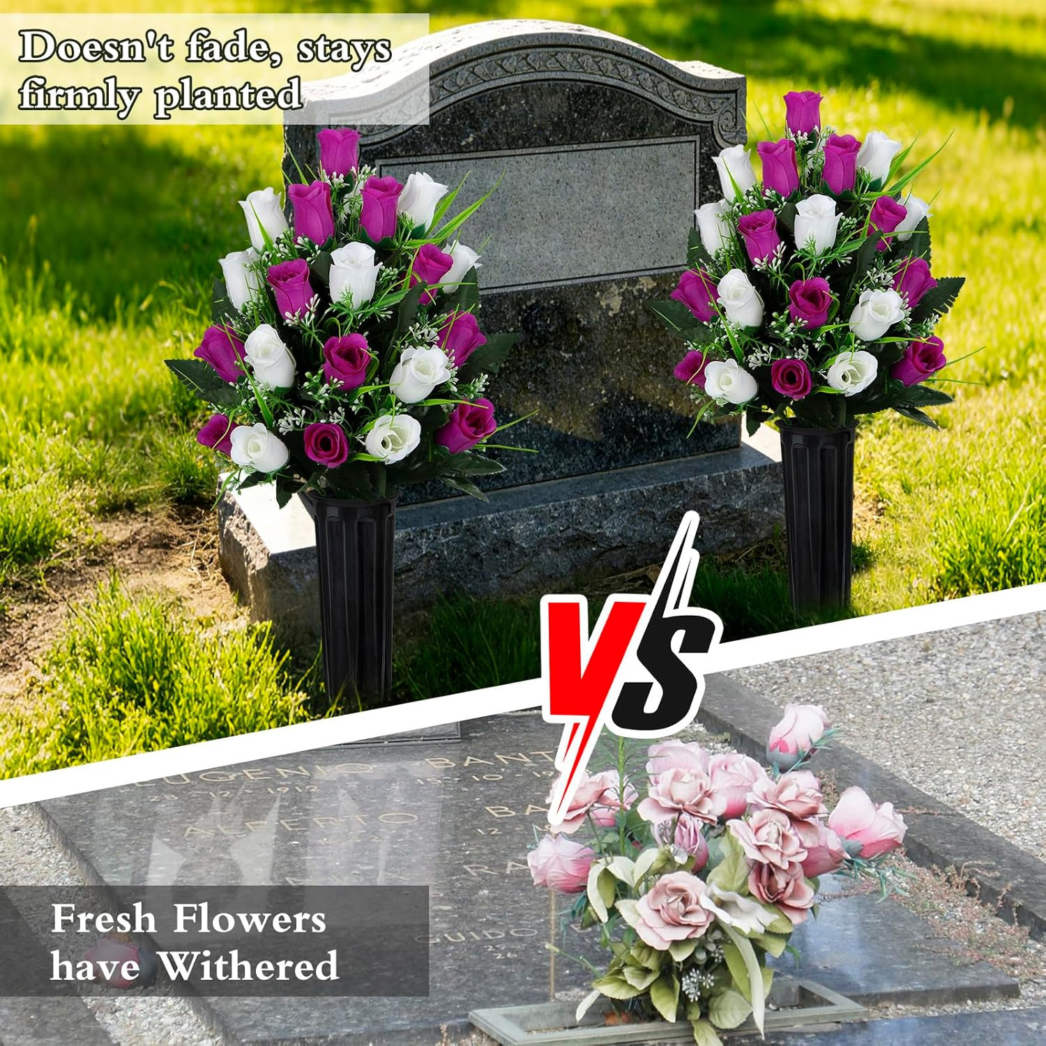 2 Sets Artificial Cemetery Flowers, Grave Decorations Roses, Memorial Flowers Bo