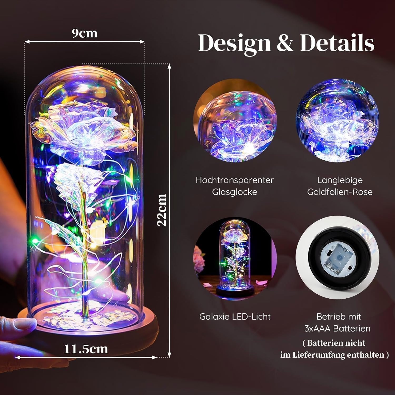 Valentines Day Rose Gifts for Her Birthday Gift for Women Galaxy Glass Rose in G