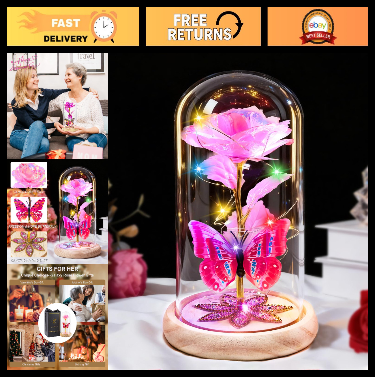Light Up Glass Dome Rose – Forever Preserved Galaxy Flowers Gift for Her, Mom, W