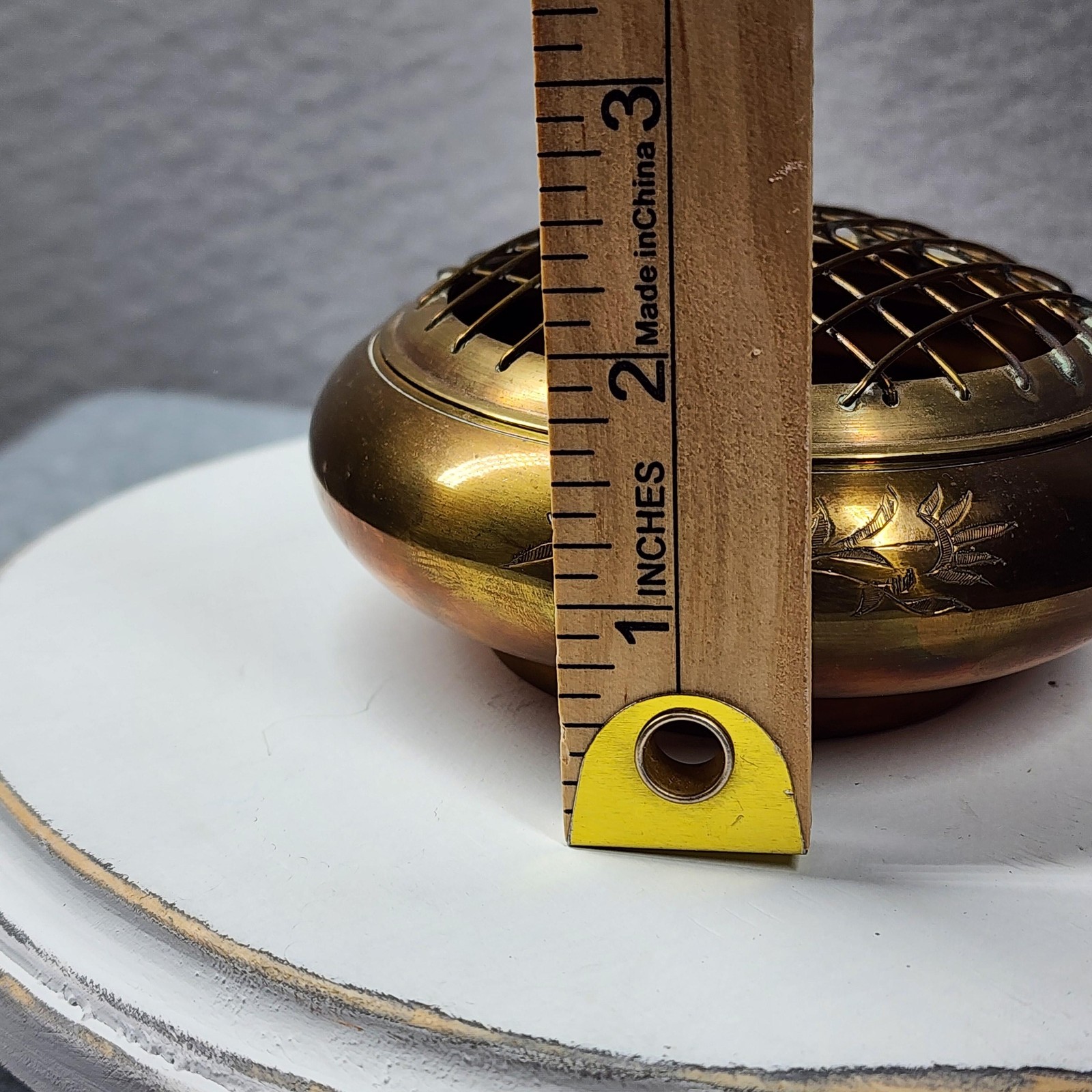 Vintage Brass Copper Flower Pot Frog Bowl 4in Gold Metal Engraved India 80s