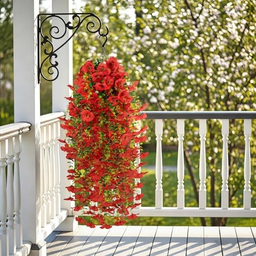 6 PCS Artificial Hanging Pansy Flowers, Silk Flowers for Outside, UV Red