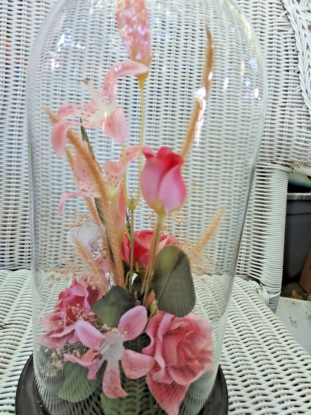 12″ Vintage Real Dried Flower Cloche Glass Dome Pink Silk Roses Lilies Butterfly