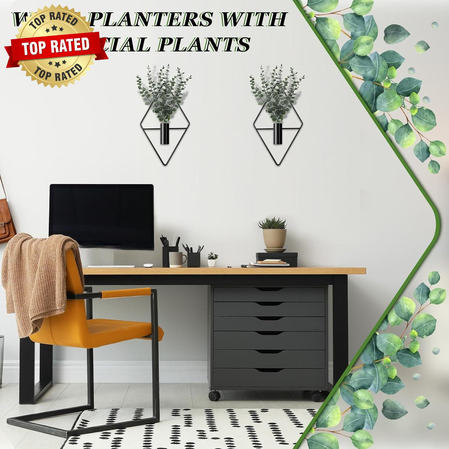 4 Pcs Hanging Planters with Artificial Eucalyptus Metal Hanging Vase Indoor Plan