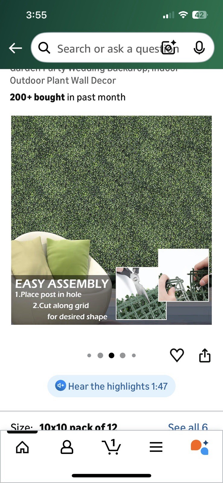 Artificial Grass Wall Panel 10x10in UV-Resistant Faux Boxwood Privacy Decor