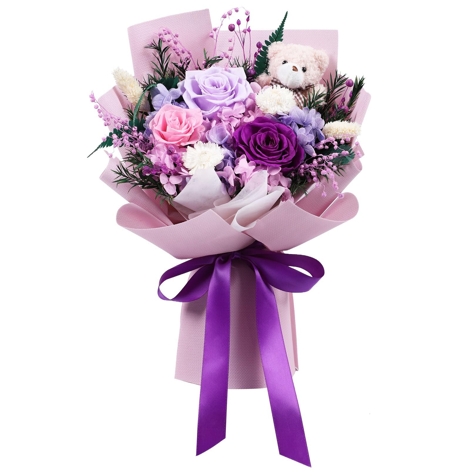 Preserved Flowers Bouquet With Bear 3 Roses Mixed Forever Floral Present Mom