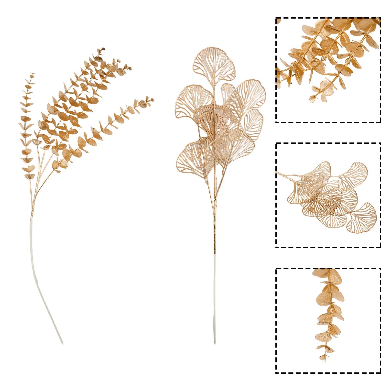 Simulated golden eucalyptus and ginkgo leaf flower arrangement for a chic touch