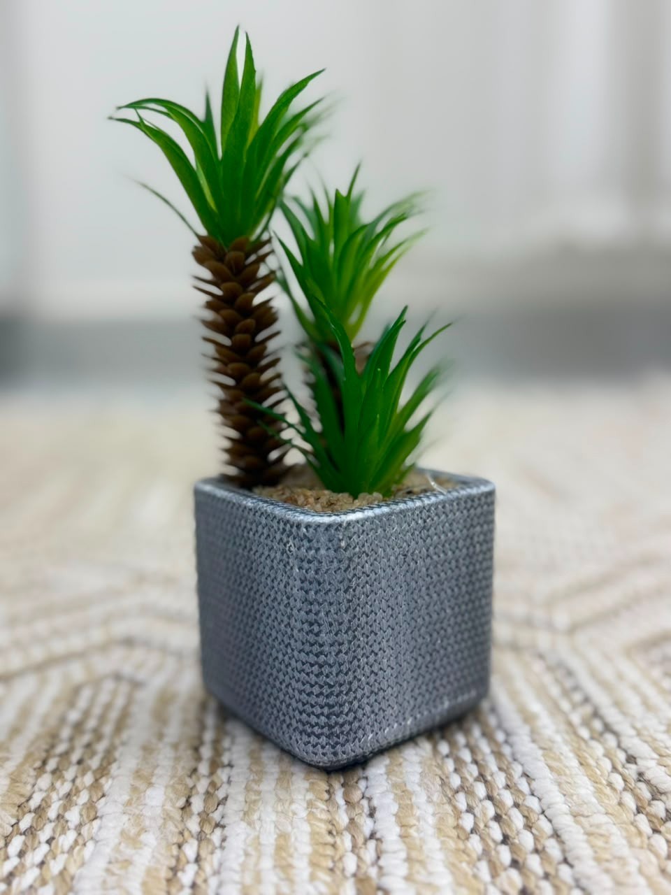 Mini Artificial Potted Palm Tree Fake Greenery Plant Woven Pot Desk Shelf Decor