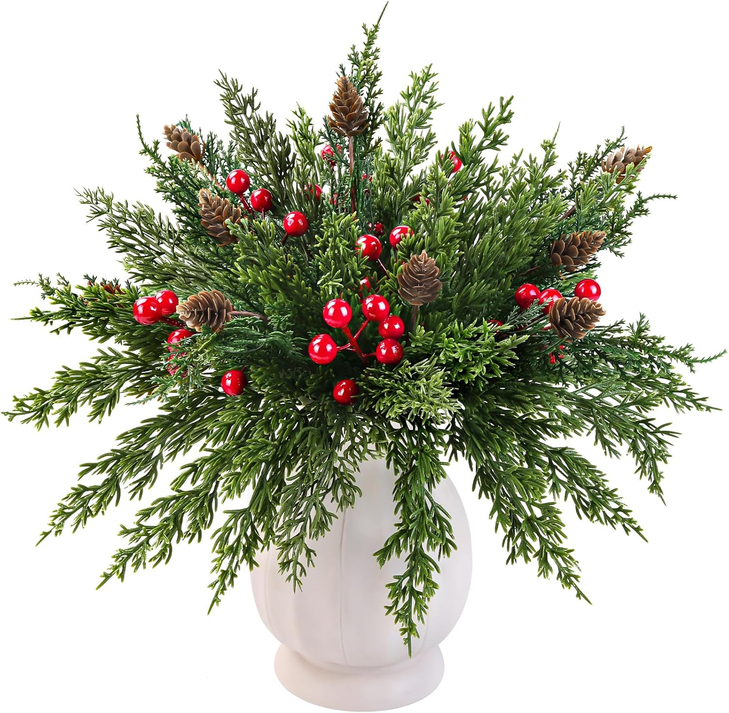 60 Pcs Christmas Artificial Pine Branches Red Berry Stems and Pine Cones, Fake F