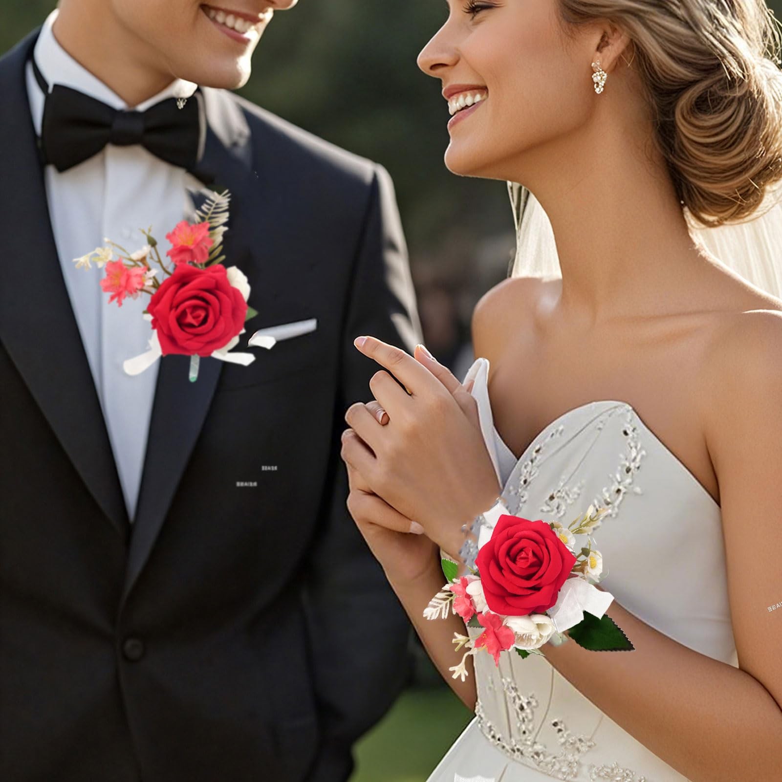 Red Artificial Rose Wrist Corsage, Boutonniere Set for Wedding, Prom Party 2 PCS