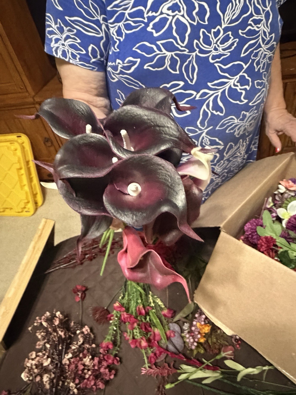 Large Lot / Box of Miscellaneous Artificial Silk Flowers – Burgundy Shades