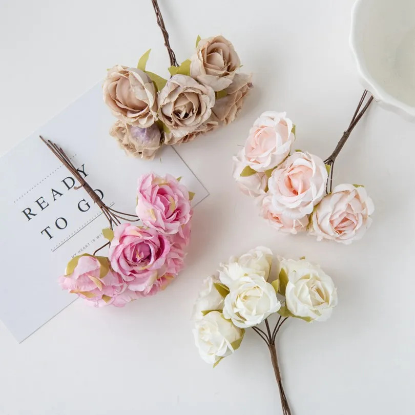 6Pcs Artificial Silk Tea Rose Mini Bouquet for Wedding Christmas Diy Home Decor