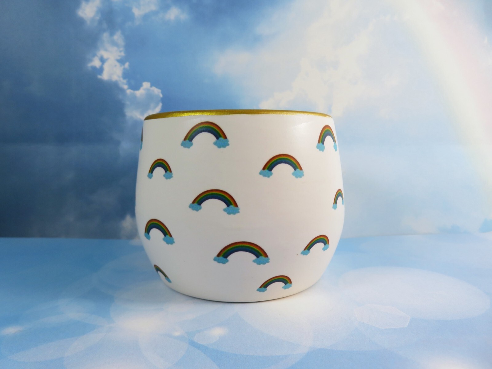 Mini Rainbows Ceramic Planter With Artificial Succulents 2.5 Inch Gold Rim New