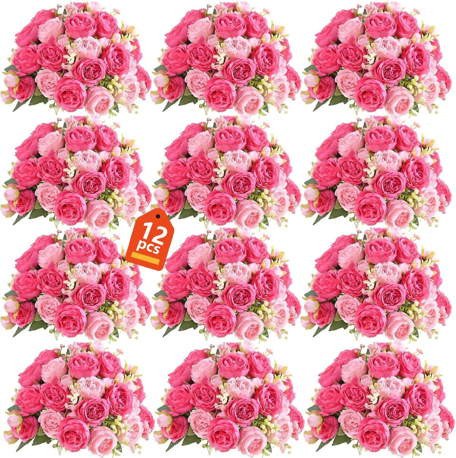 peonies artificial flowers 12 Bundles pink flowers bouquet, Lifelike Silk Fak…