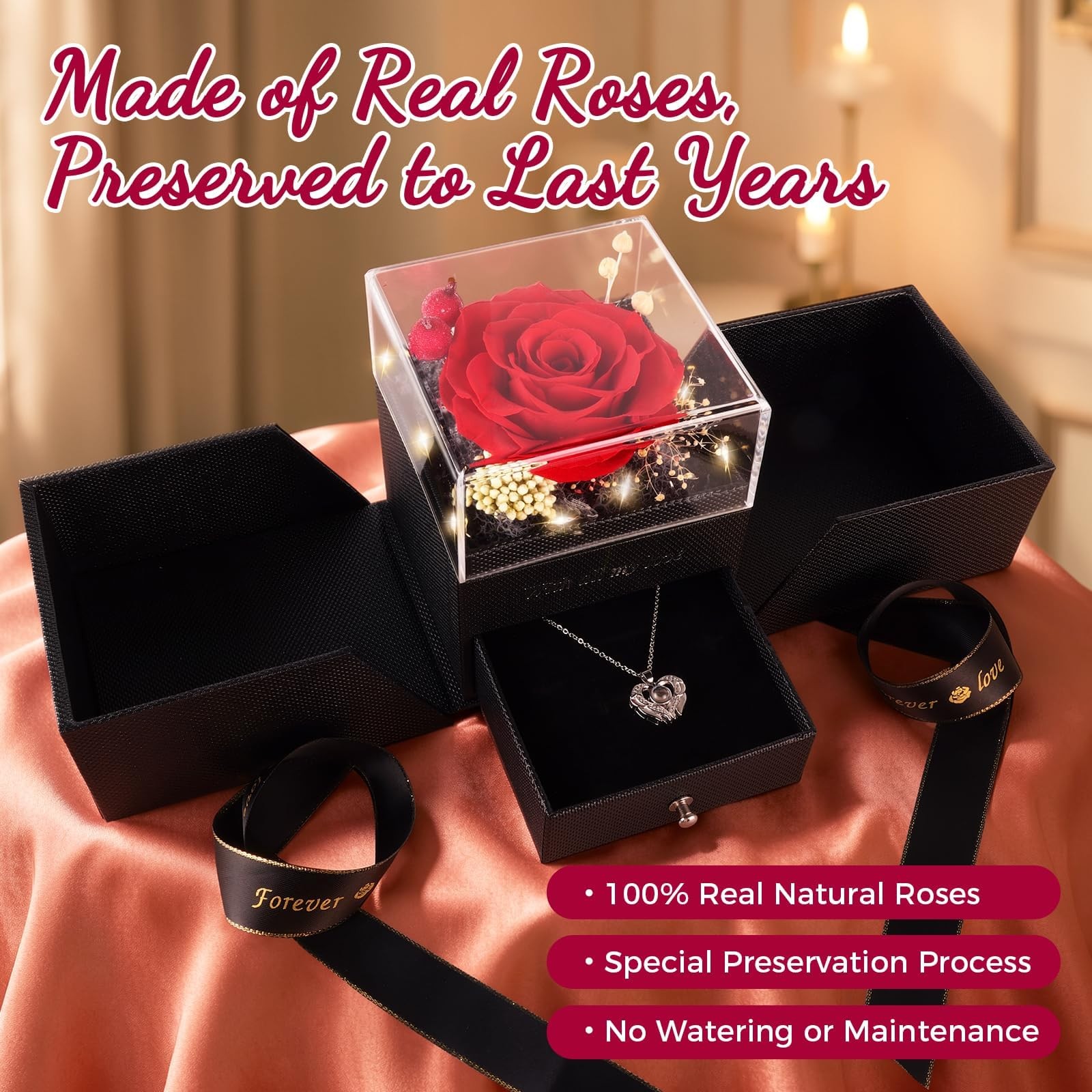 TranquilBliss Gifts for Women, Preserved Real Red Rose Gift Box with Heart Ne…
