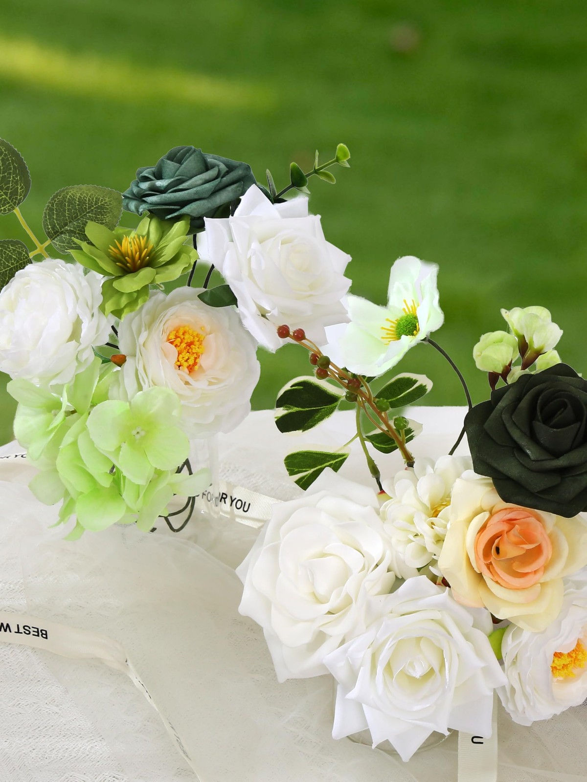 White & Green Artificial Flowers Combo Box Silk Fake Flower for DIY Wedding B…