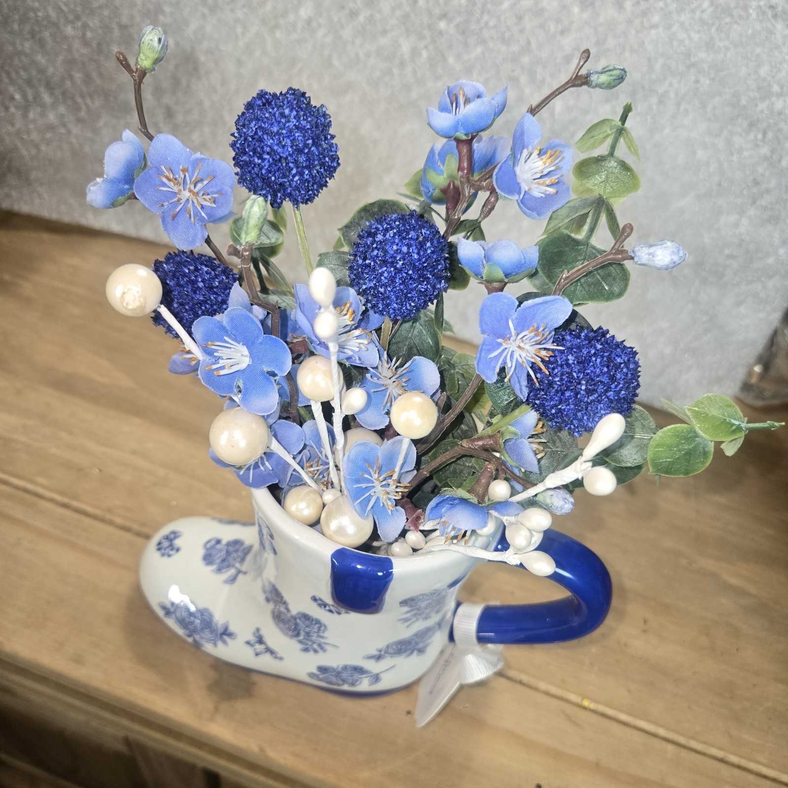 Flower Arrangement Porcelain Boot Vase Assorted Fake Flowers