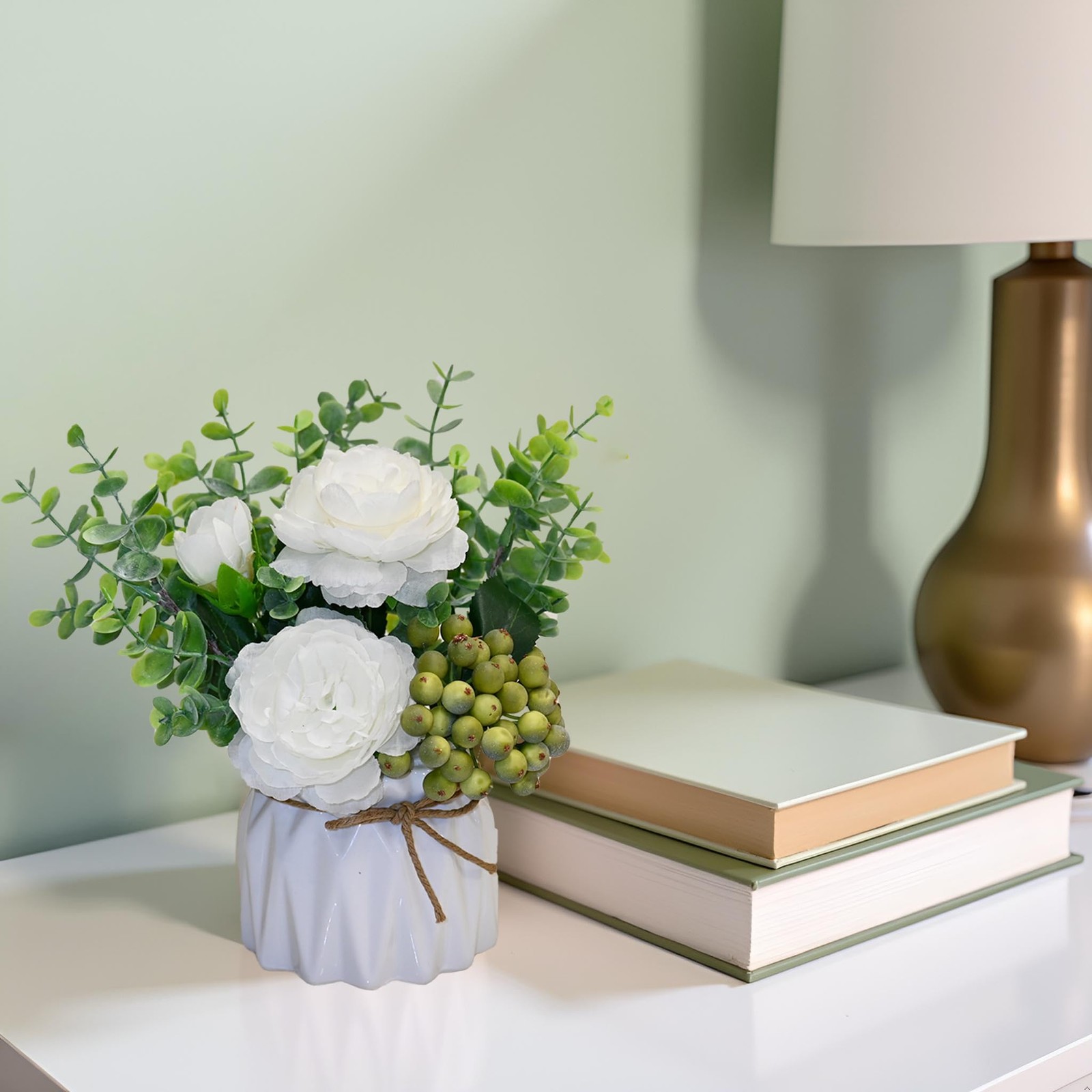 White Peony Artificial Flowers Vase Eucalyptus Green Berries Arrangement