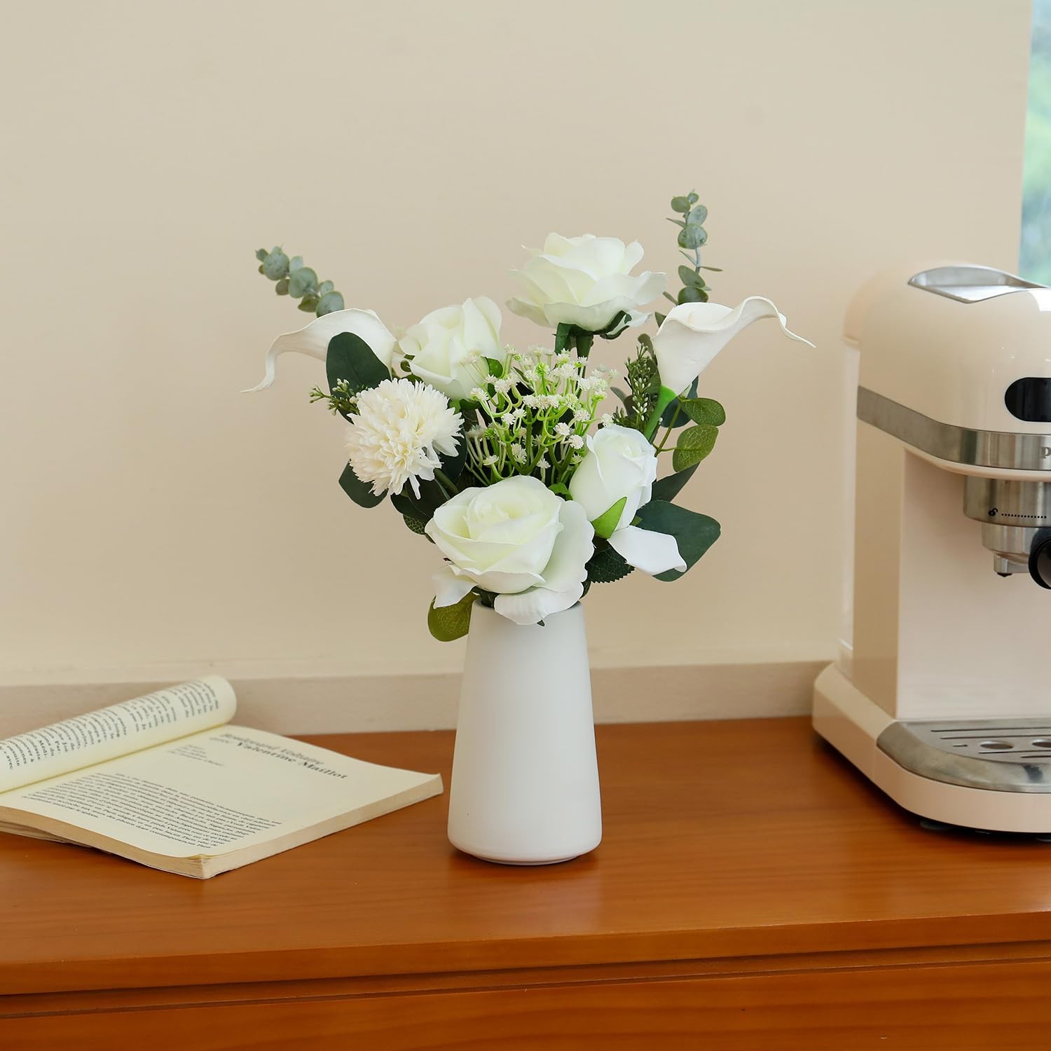 Fake Flowers with Ceramic Vase, Artificial Silk Roses in a Vase, Faux Flowers…