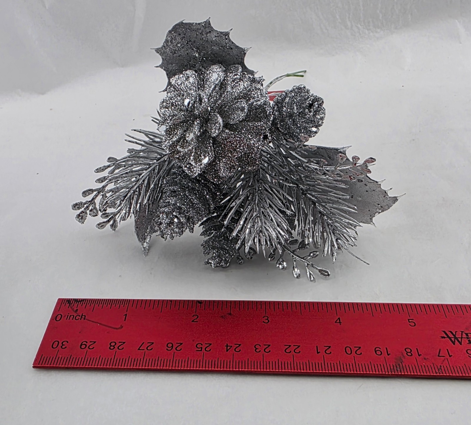 Christmas Artificial Silver Pine Cone Holly Floral Picks Lot of 15 Stems 7″ Long