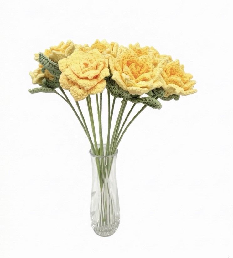 12 PCS Crochet Yellow Roses, Handmade Forever Flower Bouquet