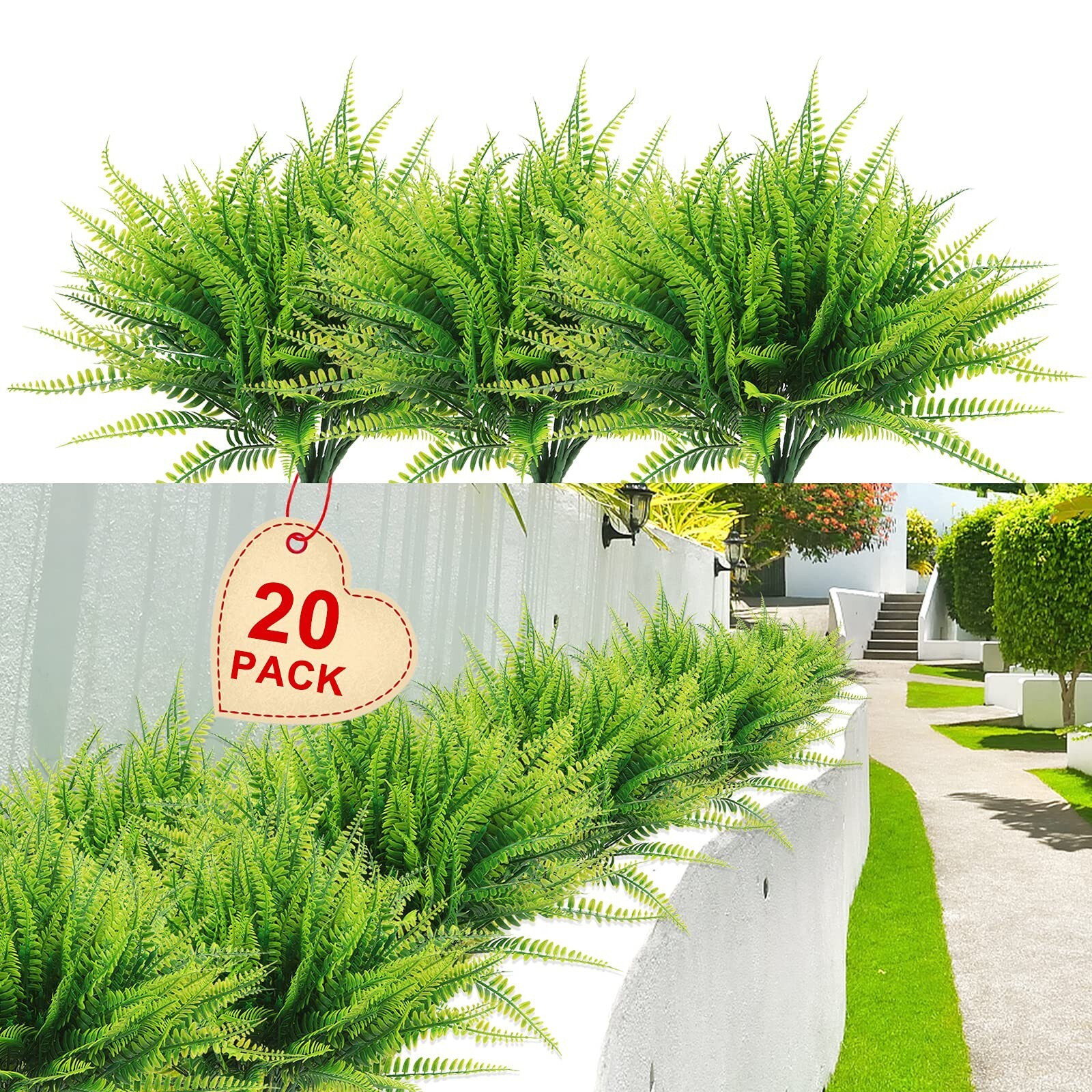 Coreland 20 Bundles Artificial Plants Outdoor Fake Boston Fern Faux Plastic P…