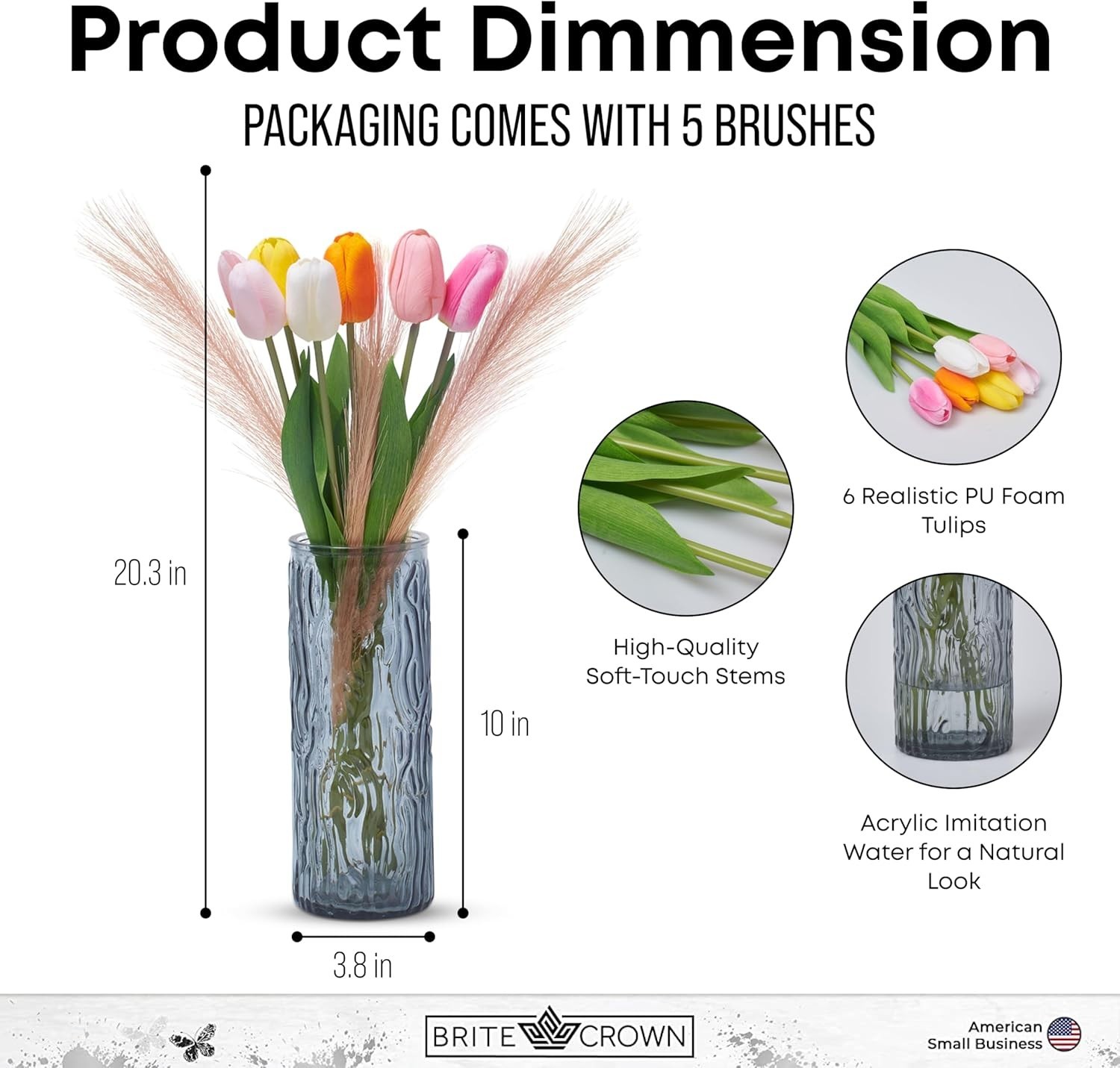 Brite Crown Touch Bloom Tulip Flower and Glass Vase Arrangement Set – 8 Pcs