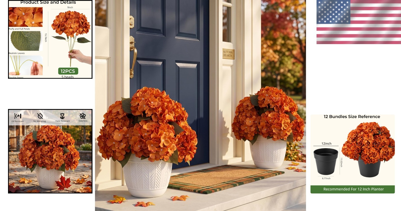 Bulk 12 Orange Artificial Hydrangeas – Waterproof, Zero Maintenance Fall Decor