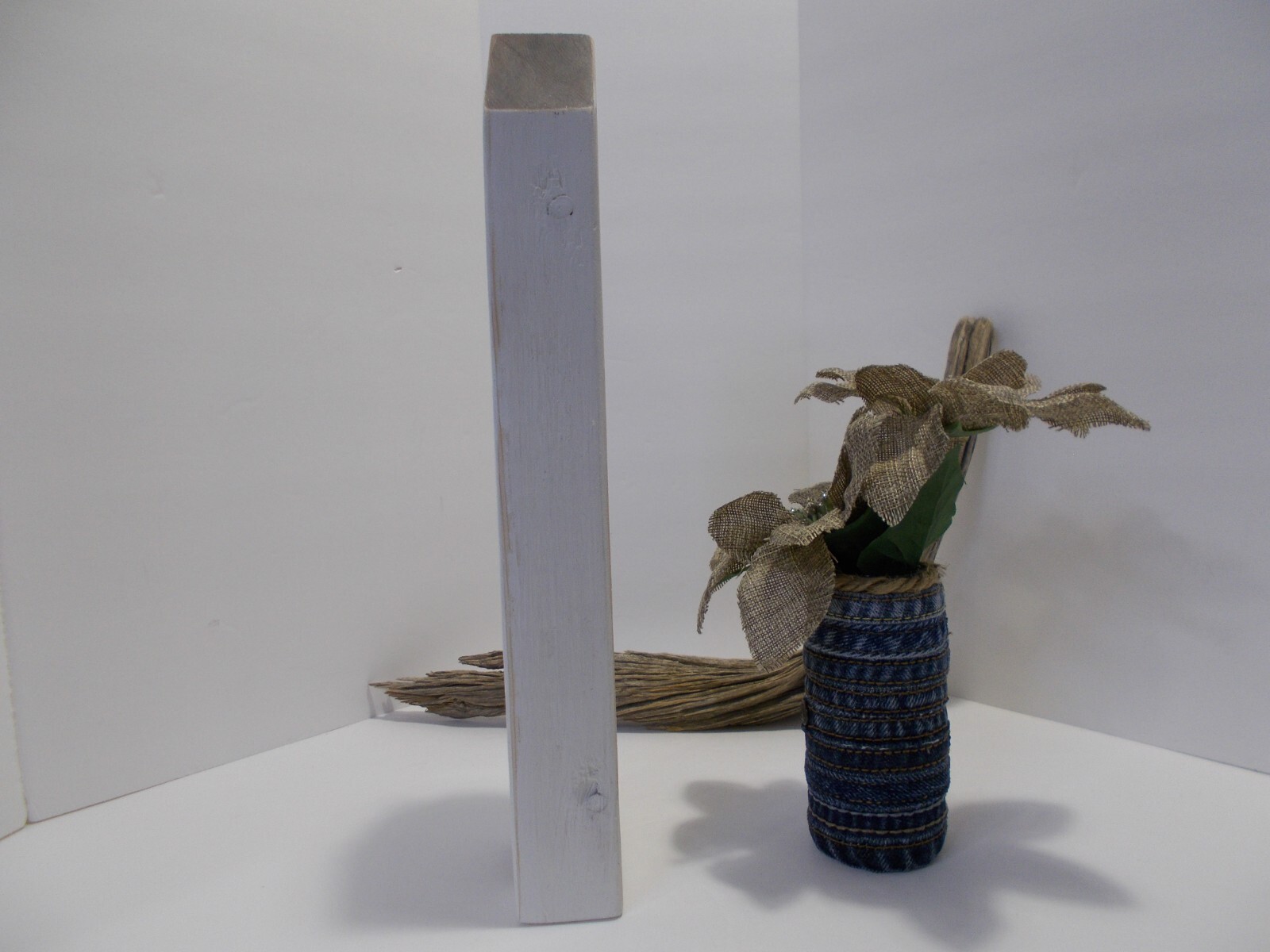 Small Denim Vase from Denim Side Seams w Burlap Flowers & Painted Wooden House