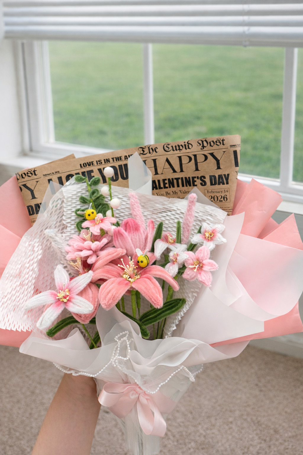 Pipe cleaner flower bouquet, pink fluffy flowers, Valentine’s Day,