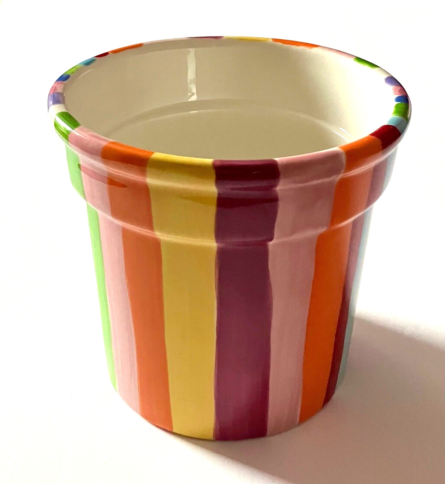 Rainbow Striped Flower Pot Vibrant Colors Happy & Bright 4.5 inch Glossy Bright
