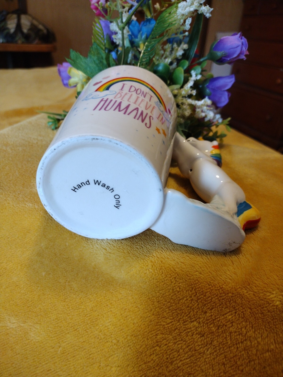 “I Don’t Believe In Humans” Rainbow Unicorn Mug Artificial Flower Arrangement