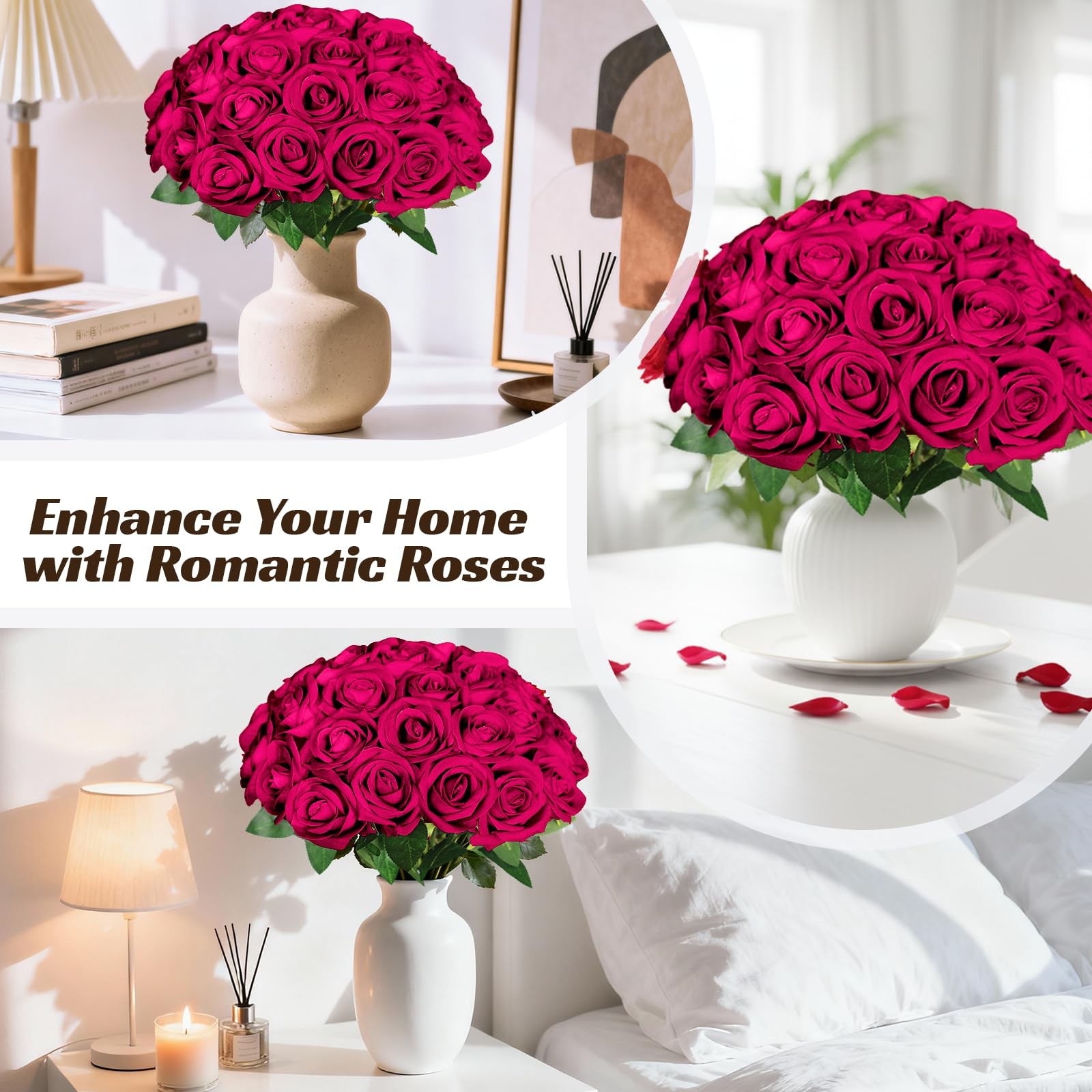 50 Pcs Fake Roses Burgundy Artificial Flowers Bulk, Faux Velvet Silk Rose Bou…
