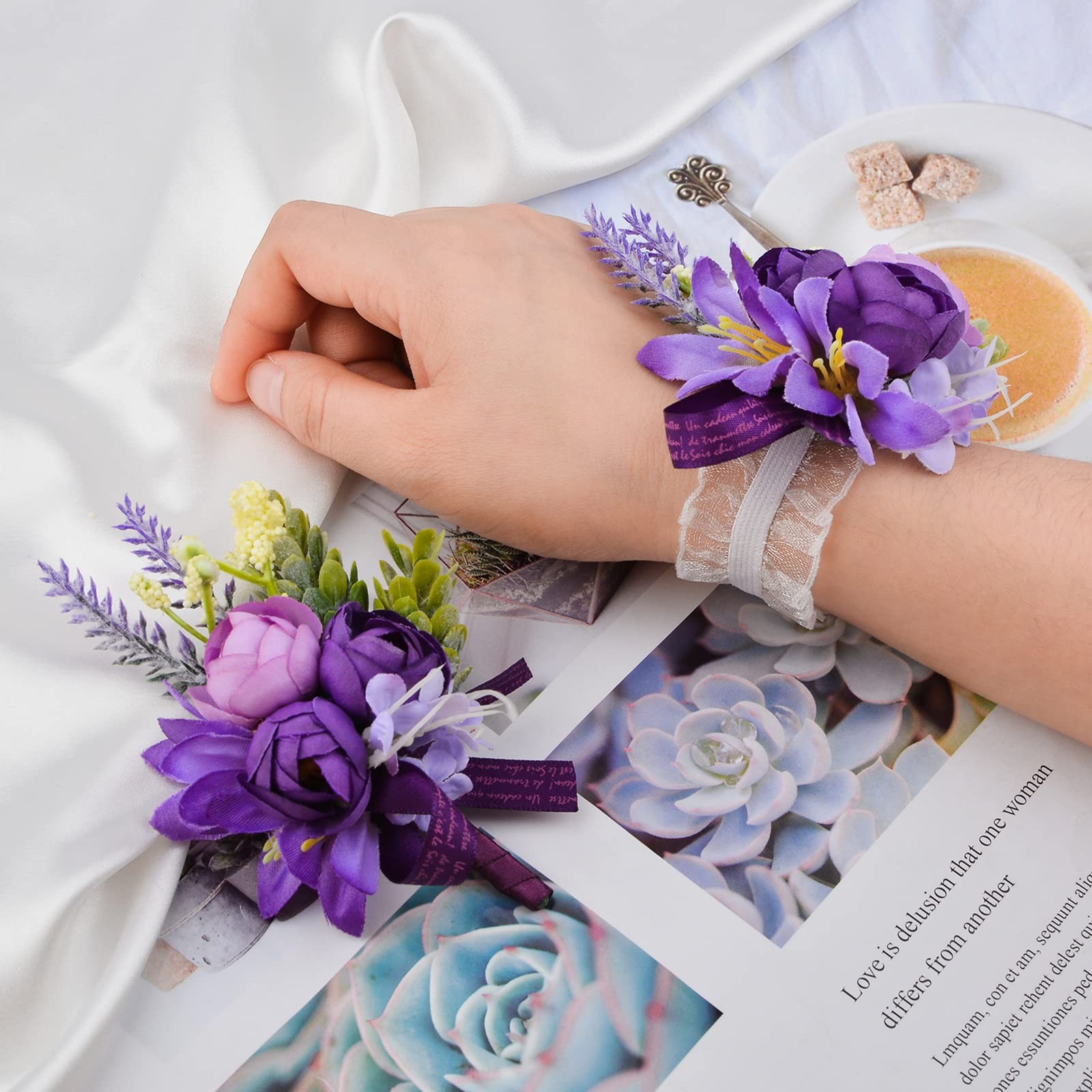 Wrist Corsage and Boutonniere Set, 1 Set Small Rose Purple Hand Flower for Pr…