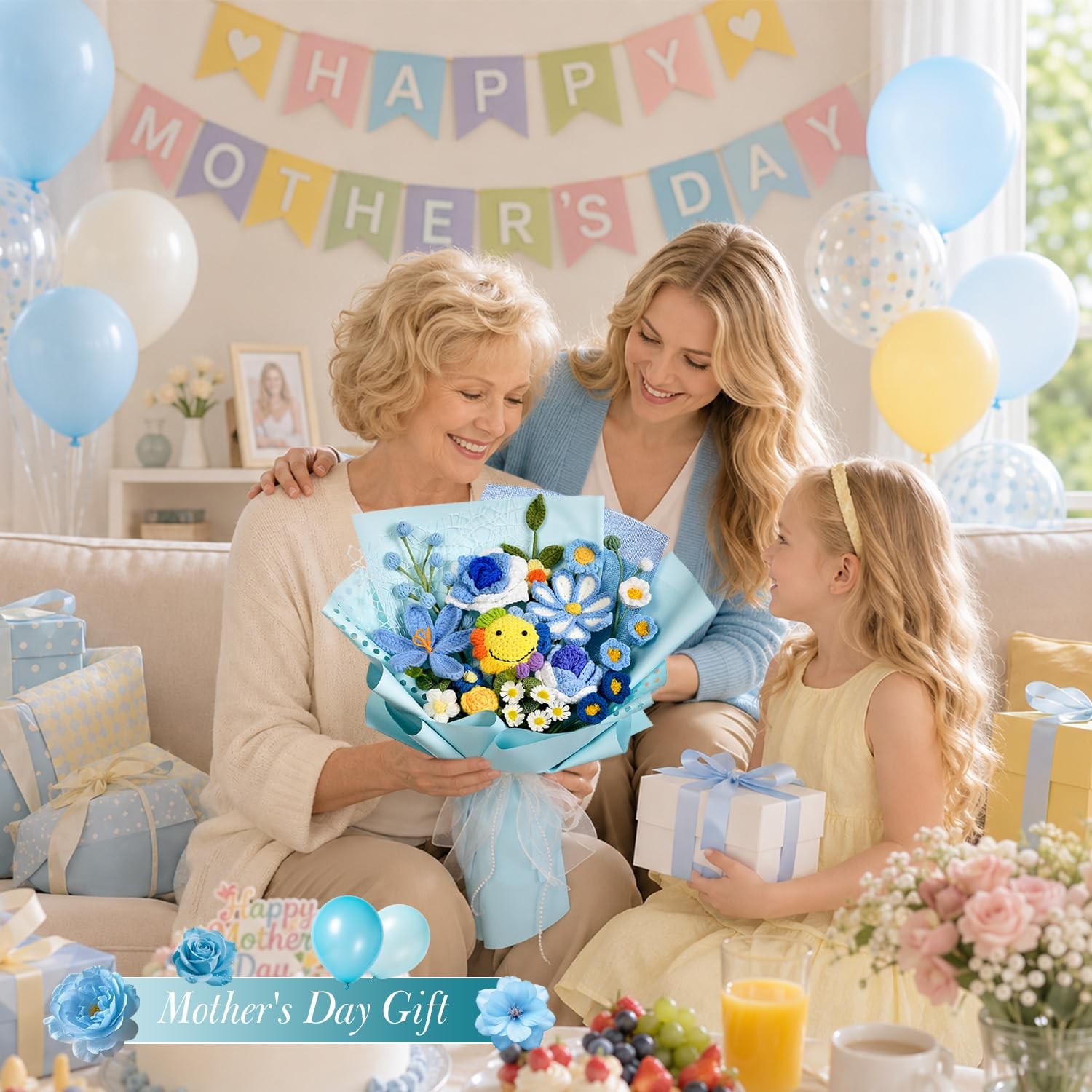 Crochet Flower Bouquet, Smiling Sunflower Tulip Rose, Blue