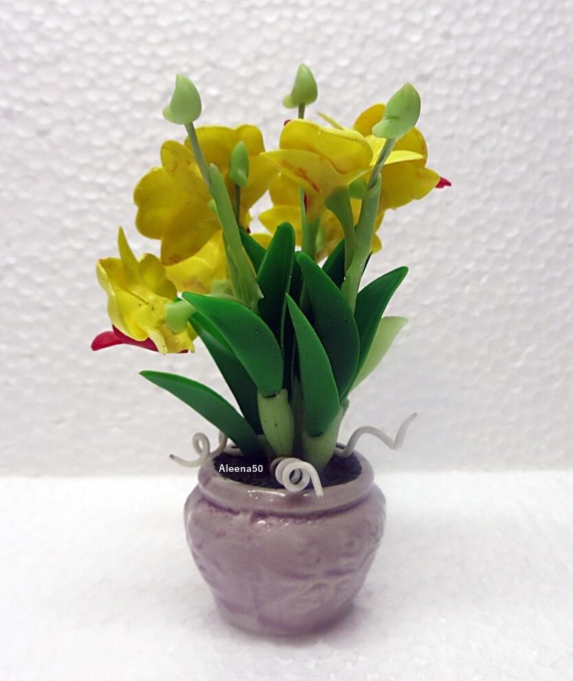 US stock 4″H Handcrafted Miniature Yellow Dendrobium Orchid arranged in pot