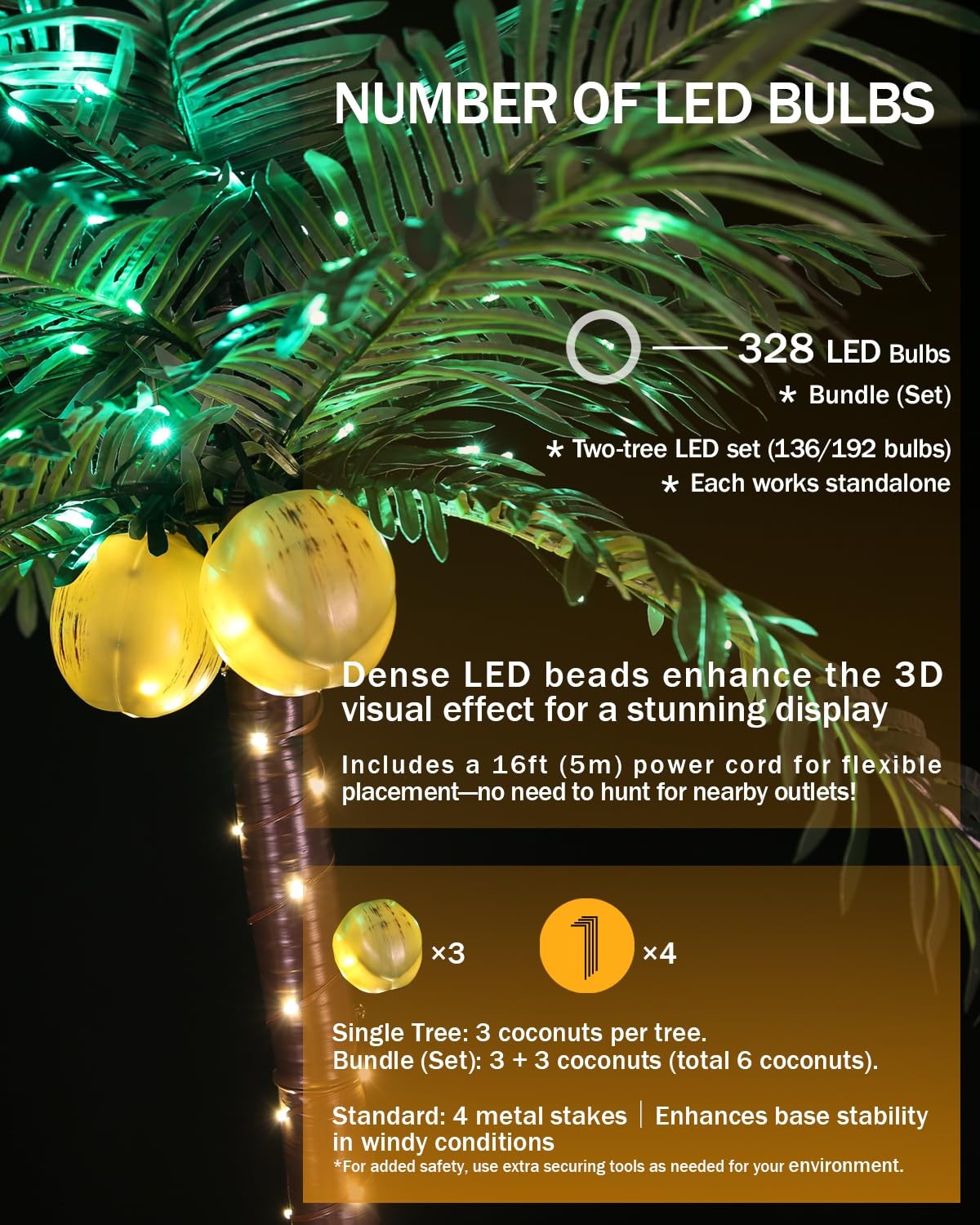 5ft Palm Tree with 136 LEDs, Reinforced Version